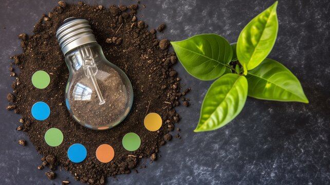 Light Bulb with Sprouting Green Plant Amidst Colorful Circles
