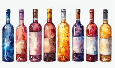 watercolor stickers wine glasses bottles white background