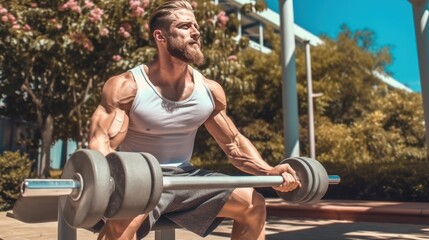 Man doing EZ barbell bicep exercises on Scott bench.