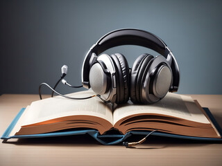 Headphones placed over the opened book - audiobook concept design.