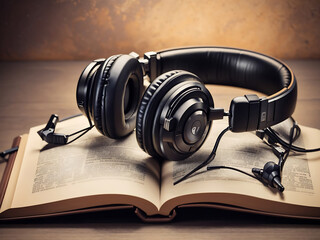 Fototapeta na wymiar Headphones placed over the opened book - audiobook concept design.