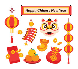 Chinese new year icon set. Flat design element in cartoon modern geometric style on isolated background. Lion dance, money, gold ornament for ads, promotion banner decoration. Vector illustation.