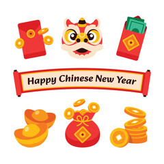 Chinese new year icon set. Flat design element in cartoon modern geometric style on isolated background. Lion dance, money, gold ornament for ads, promotion banner decoration. Vector illustation.