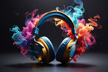 Headphones with colourful smoke on dark background., 3D rendering designs.
