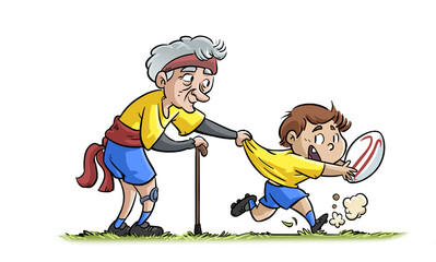 Rugby players of different generations playing a match - 713975833