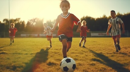 Kids playing football soccer game on sports field. - obrazy, fototapety, plakaty
