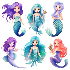 Beautiful Mermaid Watercolor Clipart, Cute Design for Your Project, Ai Generative