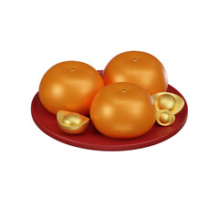 Mandarin Oranges and Gold Ingots 3D Icon. A 3D icon showing mandarin oranges and gold ingots on a plate, a symbol of wealth and abundance during the Lunar New Year.