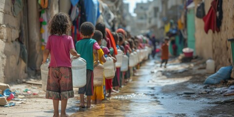 Children from Palestine wait in line for water to drink. Generative Ai.