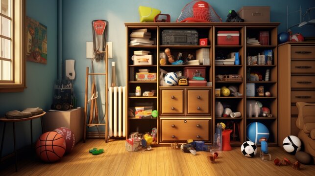 Interior of room with sports equipment and drawers.