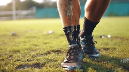 Injury, sports and hand of a man on foot pain, soccer emergency and accident while training. Fitness, problem and an athlete or football player with inflammation or a swollen muscle on the field. - obrazy, fototapety, plakaty