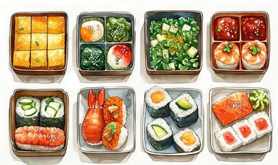 watercolor stickers japanese bento lunch box white background