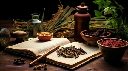 Old Chinese medical texts and plants on the table