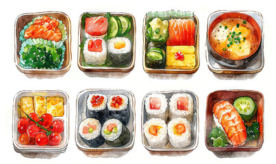 watercolor stickers japanese bento lunch box white background