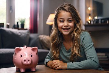 girl smailing save money on piggy bank in living room