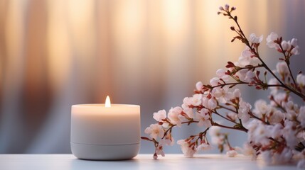 scented candle on a white table with vases on a modern minimalist background, ai generated - obrazy, fototapety, plakaty
