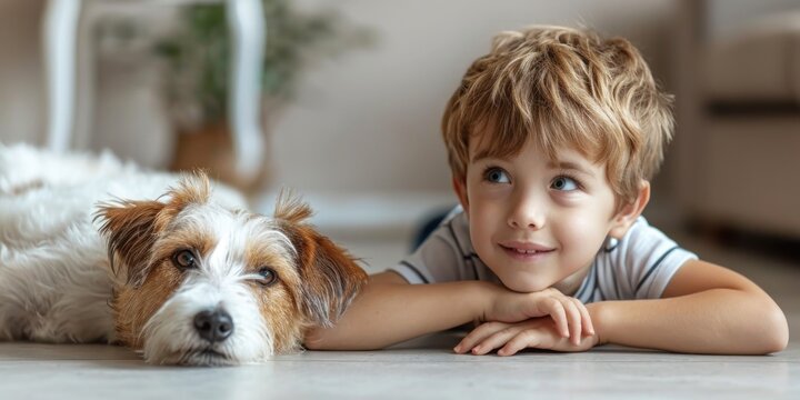 At home, a young boy plays with his dog. Generative Ai.
