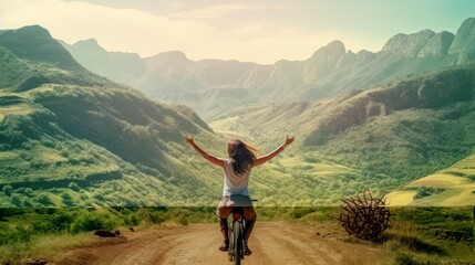 Happy woman with open arms on bike high in mountains. Travel summer lifestyle. - obrazy, fototapety, plakaty