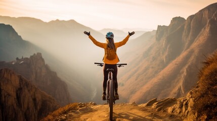 Happy woman with open arms on bike high in mountains. Travel summer lifestyle. - obrazy, fototapety, plakaty