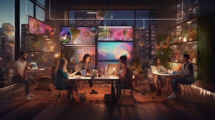 An inclusive workspace with diverse avatars collaborating on virtual projects, promoting equality in the digital realm.