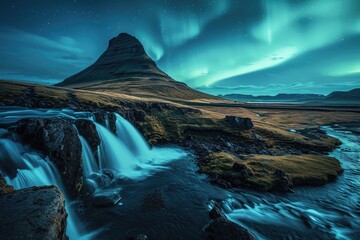 Aurora Borealis over Kirkjufellsfoss Waterfall and Kirkjufell mountain in Iceland, northen Lights