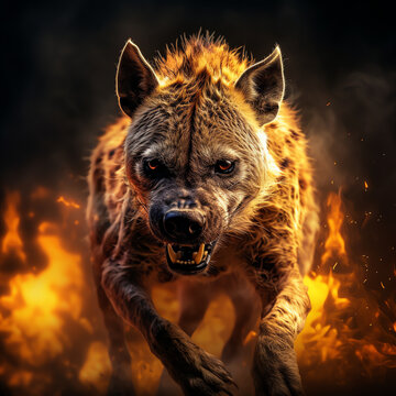 a hyen dog running through a fire filled field