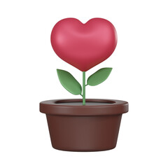 Heart-Shaped Plant in Pot Illustration 3D Icon. Digital illustration of a stylized plant with a heart-shaped bloom in a brown pot, symbolizing love and growth.
