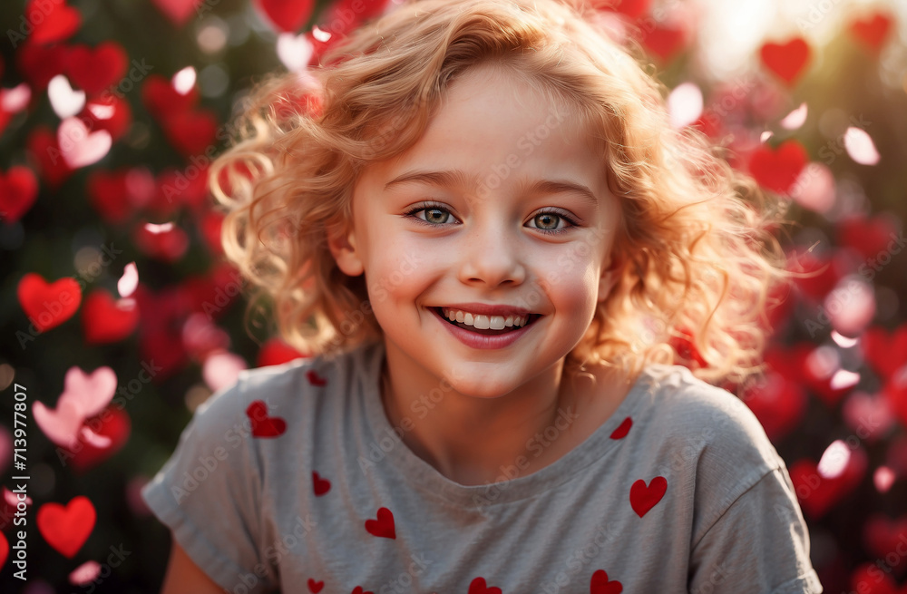 Wall mural cute girl 5-6 years old with blond hair on a light background with hearts. charming blonde child. va