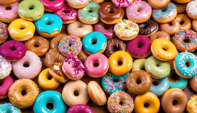 Wide pile of colorful donuts