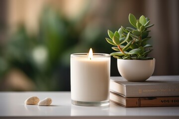 Obraz na płótnie Canvas scented candle on a white table with vases on a modern minimalist background, ai generated