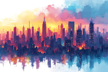 Fototapeta na wymiar Colorful city skyline. Urban panoramic silhouette. horizontal banner of cityscape in overlay style.