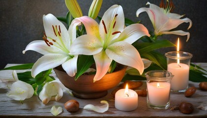 Fototapeta na wymiar spa still life with frangipani flowers and candle, Twilight Tranquility with Lilies and Gentle Candle Glow