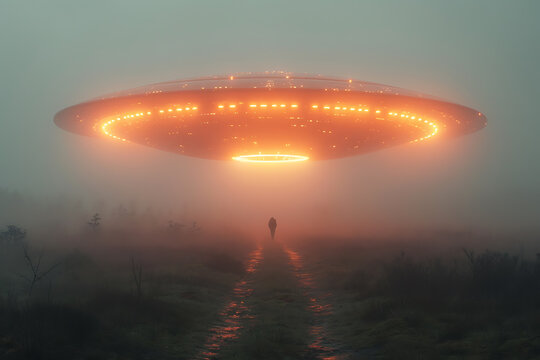 Futuristic spaceship flies through illuminated by fog