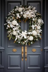 Fototapeta na wymiar close up of a beautiful lush large christmas wreath on a white front door. ai generated