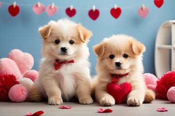 Fototapeta na wymiar Two fluffy puppies sitting amidst heart-shaped toys or playing with a heart-shaped pillow. Love and Valentine's concept