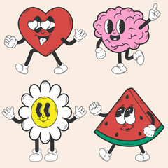 Funny cartoon character watermelon, brain, daisy, heart. Retro cartoon. Can be used as a poster, sticker. Vintage style. Emotions.