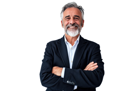 Portrait studio shot of an attractive, healthy senior man smiling relaxedly isolated on transparent png background.	 - Powered by Adobe