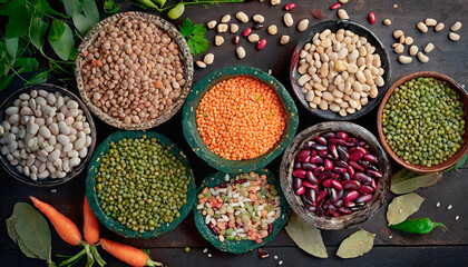 Top view of various bowls of legumes of various types and colors on a dark wooden kitchen table. Healthy food concept and detox or vegan menu. World Pulses Day. - obrazy, fototapety, plakaty