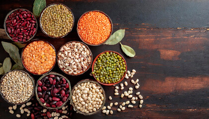 Top view of various bowls of legumes of various types and colors on a dark wooden kitchen table. Healthy food concept and detox or vegan menu. World Pulses Day. - obrazy, fototapety, plakaty