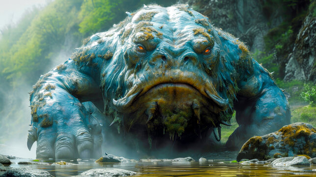 An impressive digital creation of a mythical water creature with blue skin and piercing orange eyes in a misty river landscape.

