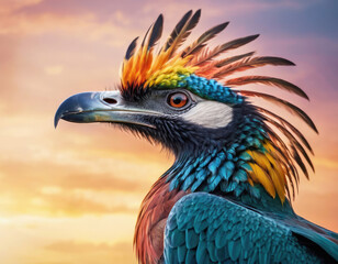 Fantasy bird with unrealistically bright plumage against the sky