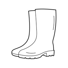 Rubber boots. Boots to work in the garden. Autumn shoes for rainy weather. Water-resistant boots. Design element. Black and white outline illustration Isolated on white background.