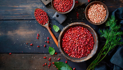 Top view of red legumes on a dark wooden kitchen table. Healthy food concept and detox or vegan menu. World Pulses Day. Copy Space. - obrazy, fototapety, plakaty