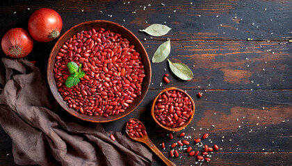 Top view of red legumes on a dark wooden kitchen table. Healthy food concept and detox or vegan menu. World Pulses Day. Copy Space. - obrazy, fototapety, plakaty
