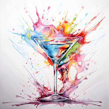 Watercolor Martini glass splash art painting 