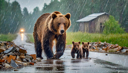 A Brown Bear with her cubs are walking on an asphalt road while it's raining, with only collapsed buildings around them. Coexistence between wild nature and human beings. - obrazy, fototapety, plakaty