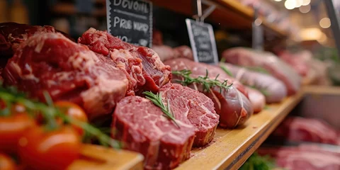 Fotobehang Raw meat on display at a butcher shop exhibit. Generative Ai. © Planum
