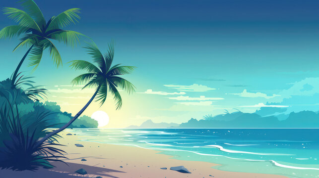 tropical sunset on the background of beach palms and ocean waves, in hand drawn flat illustration style, tropical landscape
