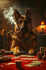 A German shepard dog, sitting at a poker table, smoking a cigar, with stacks of dollars on the table, realistic. - obrazy, fototapety, plakaty
