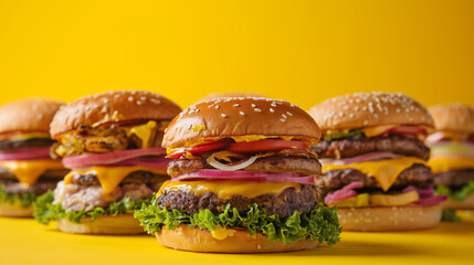 Commercial food photography, a group of tempting various different burgers against yellow background